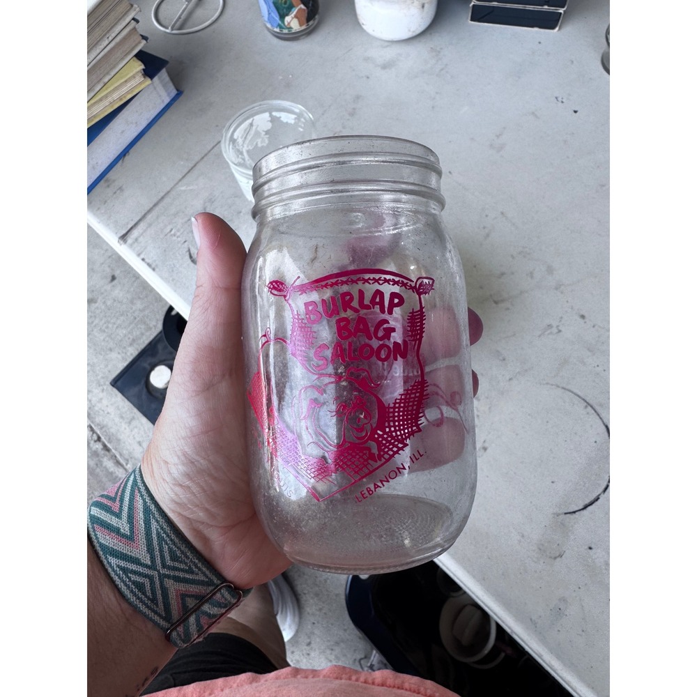 Vintage Pabst Blue Ribbon PBR Burlap Bag Saloon Lebanon IL Mason Jar Glass Pink